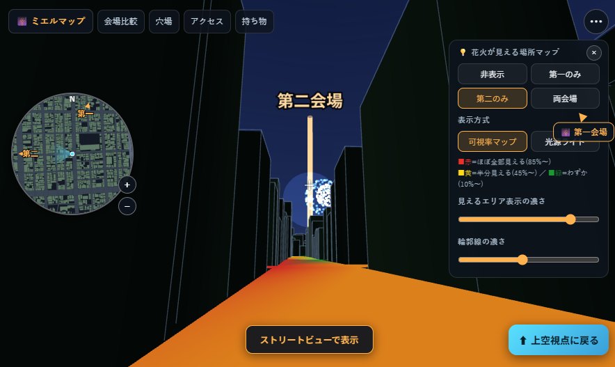 3Dマップの地上視点(目線160cm)から見た隅田川花火大会・第二会場方向。花火が見える路面が赤〜オレンジに塗られ、ビルの間から開花が見えている